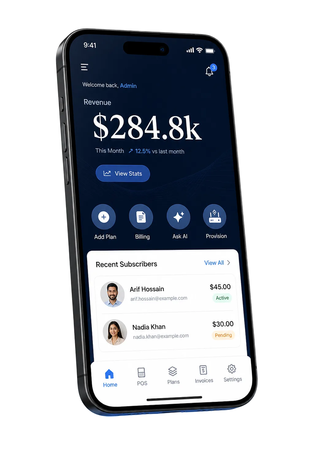 iBilling ISP admin dashboard on iPhone